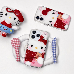 春日部防卫队Fighting｜日韩磨砂可爱卡通红波点围巾小熊kt猫适用苹果17 16promax手机壳双面iphone15