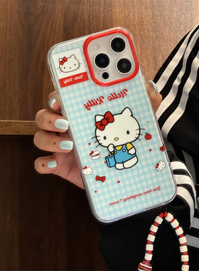 韩系可爱ins创意软萌小众简约蓝白格文提包hellokitty适用苹果16promax手机壳iphone14/15全包防摔13挂绳12