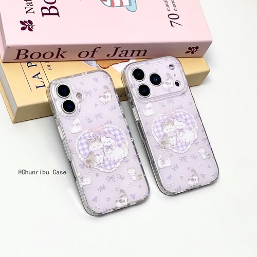 春日部防卫队Fighting｜可爱卡通温柔清新紫色花朵蝴蝶结爱心猫咪适用苹果17/16promax手机壳iphone15/14/13