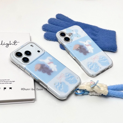 春日部防卫队Fighting｜韩系ins风细闪拼接蓝色手套小兔小狗适用苹果17/16promax手机壳韩系iphone15/14/13