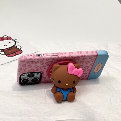 春日部防卫队Fighting｜可爱卡通粉蓝拼接豹纹立体黑皮kitty适用苹果16promax手机壳磁吸日韩iphone15/14/13