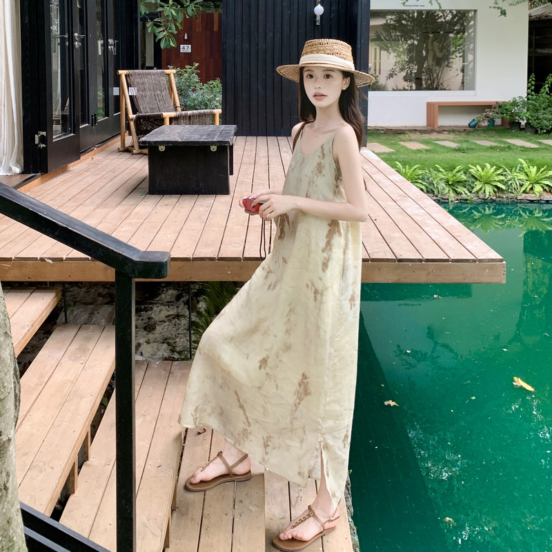 现货首发夏季主推亚麻印花波西米亚风吊带度假连衣裙