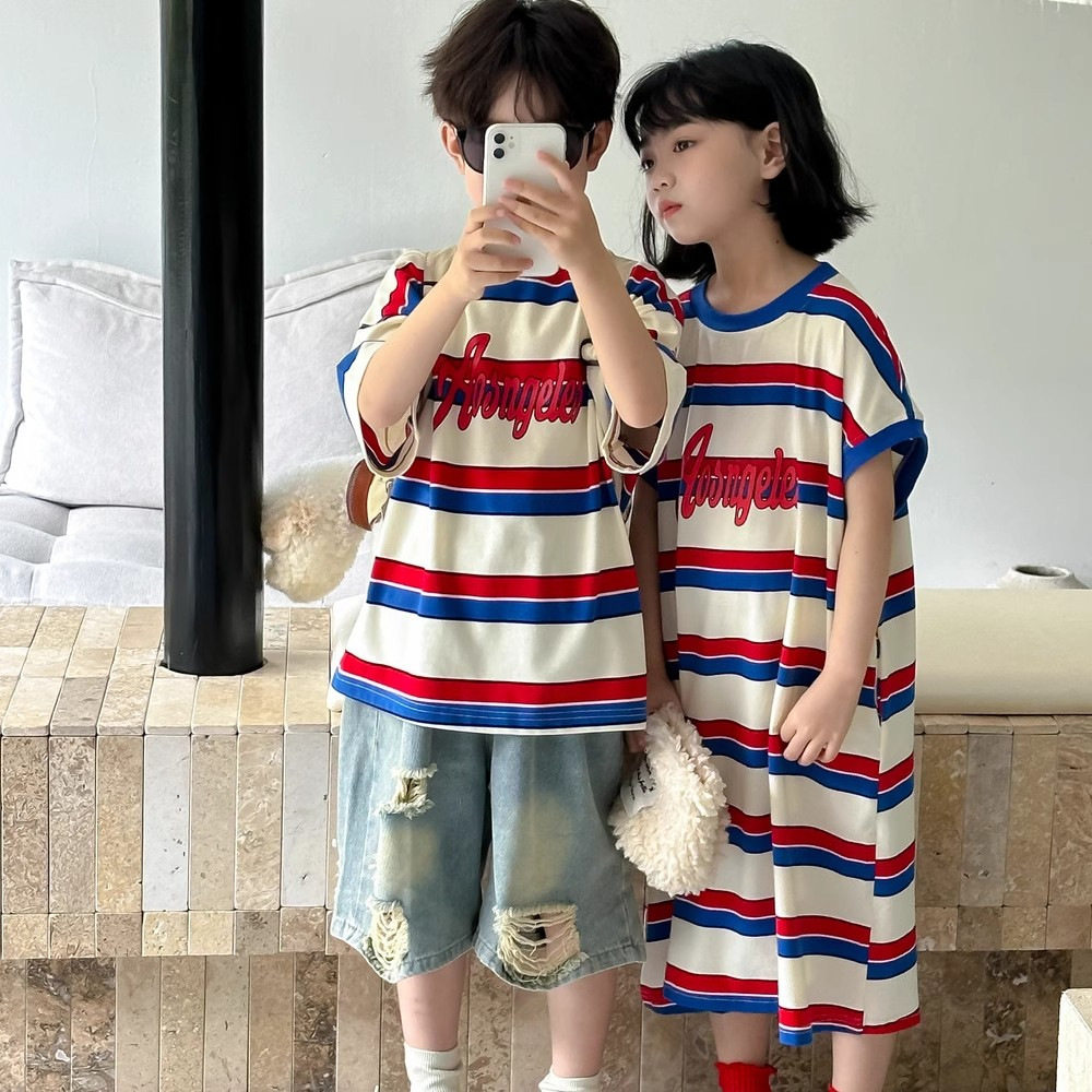兄妹装儿童短袖T恤男女童彩色条纹中长款连衣裙夏季宝宝洋气上衣5