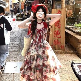 两件连衣裙套装 樱桃度假法式 甜美碎花吊带开衫 吊带裙气质夏季 新款
