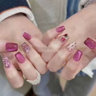 定制纯欲风气质爆闪粉红猫眼短方圆美甲贴片显肤白镶钻波点穿戴甲