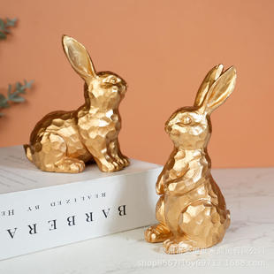 装 复活节金色切面对兔花园可爱摆件仿真跨境复活兔桌面饰品 饰爆款
