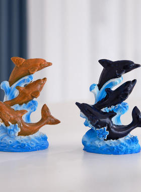 地中海游艇动3只物海豚小摆件美人鱼配件城堡鱼缸水族装饰品海洋