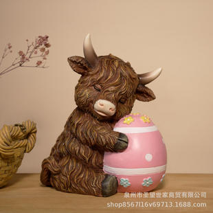 饰品摆 庭院跨境复活节深睡高地牛树脂花园EasterHighlandCow装