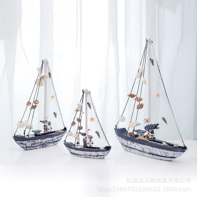 地中海手工做旧木制帆船礼品一帆风顺客厅模型蓝白贝壳帆船摆件