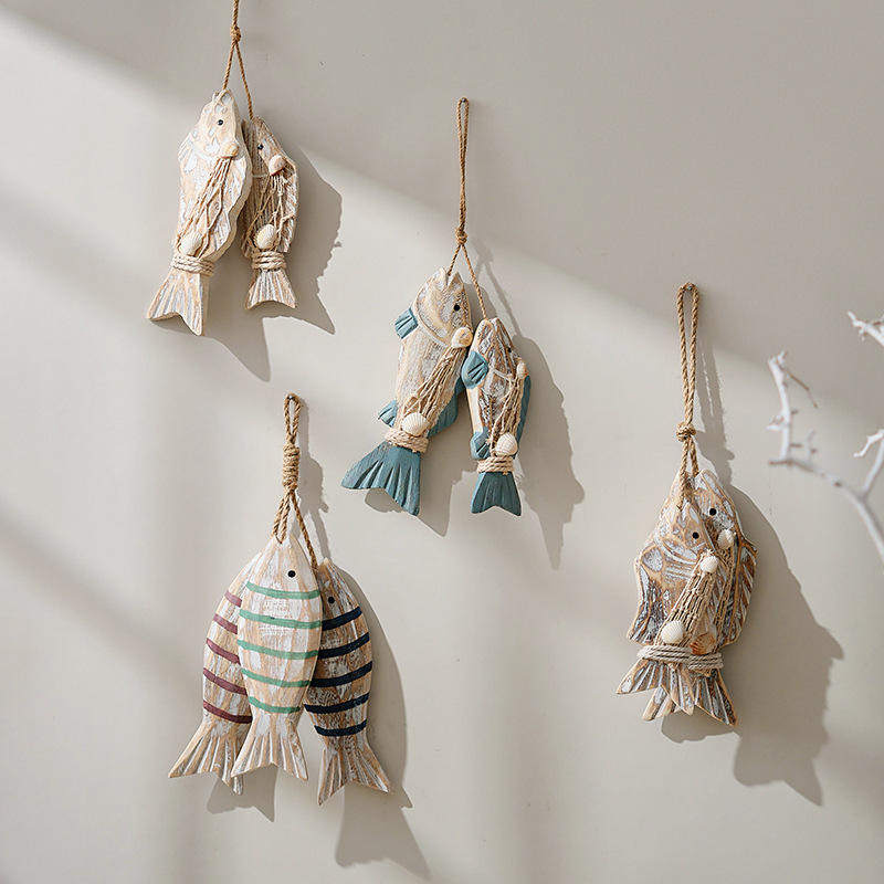 复古乡村木质鱼串鱼挂件实木装饰鱼串仿古地中海鱼壁挂