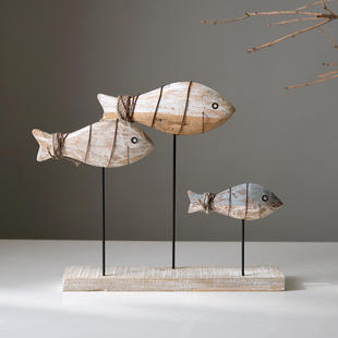 地中海风格 鱼群木质实木雕刻鱼系列彩色海洋品原木做旧套三鱼