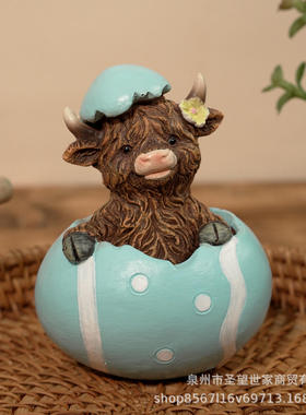 跨境新款家居装饰高地牛顶蛋壳春季树脂雕像收藏品初生复活节礼物