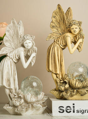跨境趴姿摸头发花花园树脂女孩仙子带玻璃球户外天使品摆件