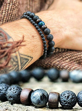 Volcanic Stone Bracelet for Men Lava Wooden Beads Bracelet