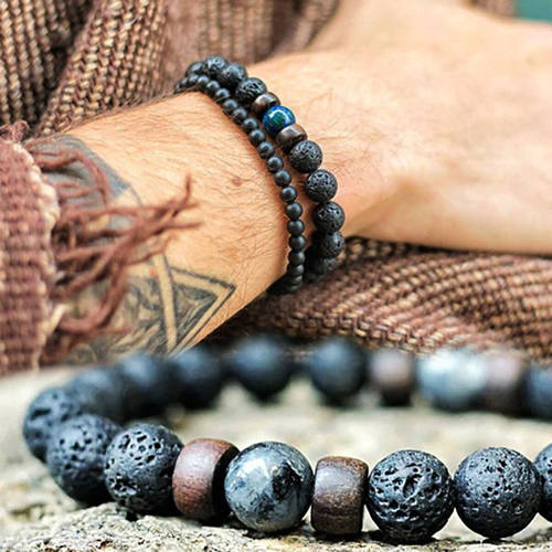 Volcanic Stone Bracelet for Men Lava Wooden Beads Bracelet