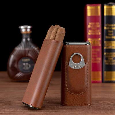 Leather Cigar Case 3- Finger with Cigar Cutter
