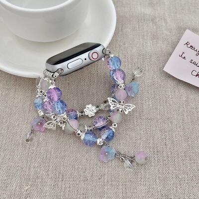 适用苹果手表iwatch45678/SE代手表带新款手链串珠玻璃吊坠腕带