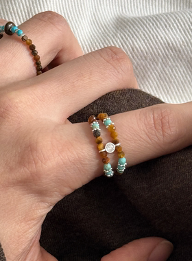 天然石戒指虎眼石绿松石双圈戒指