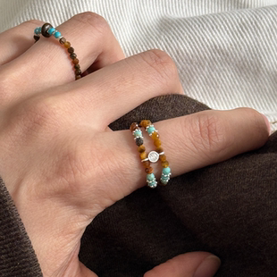 虎眼石绿松石戒指锆石双圈戒指S925银天然石戒指女弹力绳手工戒指