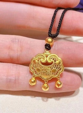 古法福字如意长命平安锁金包银9999纯实心女黄金吊坠镂空铃铛项链