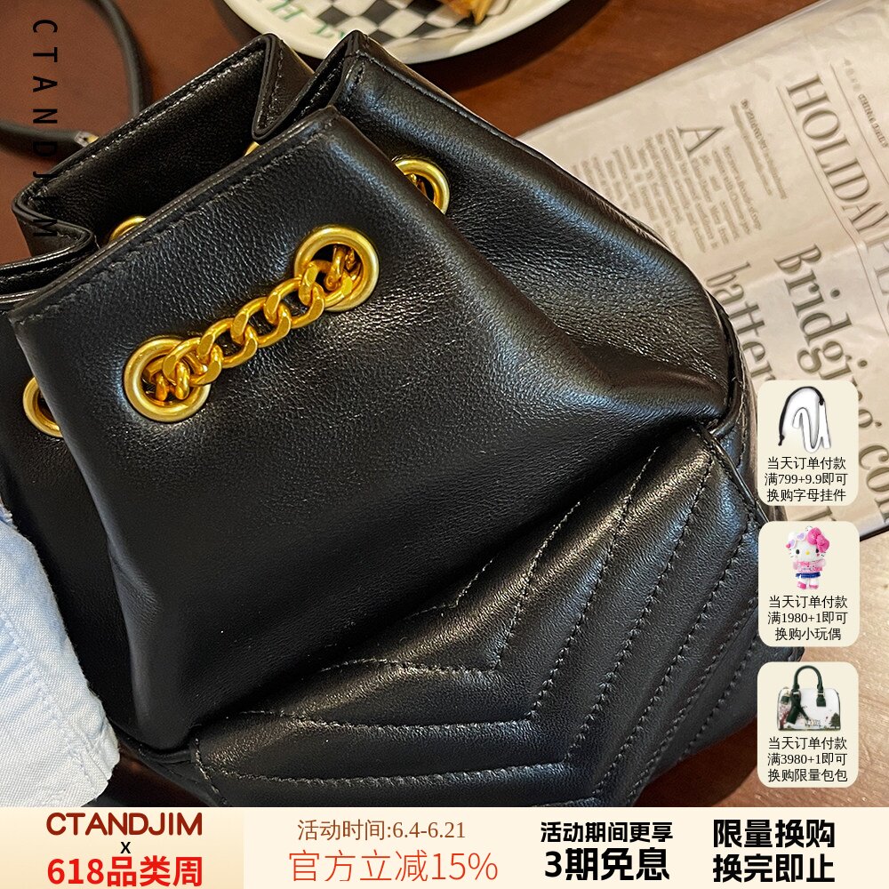 CTANDJIM婴儿肌绵羊皮黑色抽绳链条水桶包 斜挎包 福袋包 菜篮子