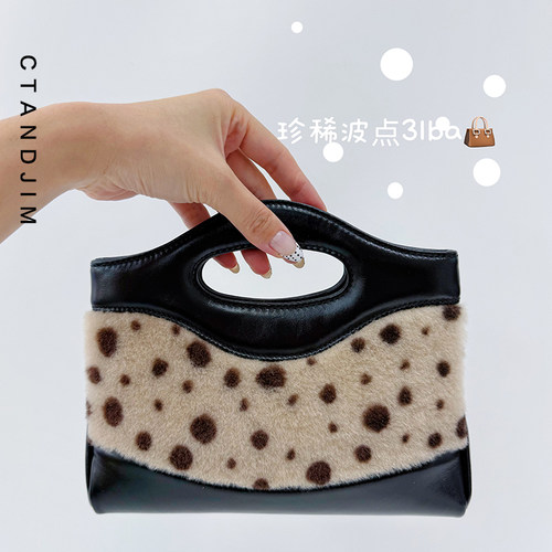 CTANDJIM胎羊毛头层油蜡皮 coco小姐 麋鹿斑点手提包 波点手袋