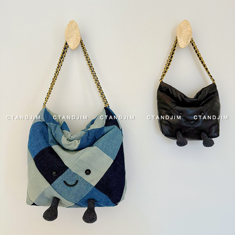 CTANDJIM 小精灵丹宁牛仔黑色小羊皮抽绳福袋包 斜挎包
