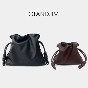 CTANDJIM老钱松弛头层进口小牛皮抽绳福袋包 黑色乌木色斜挎包