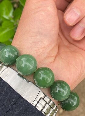 和田玉菠菜绿碧玉圆珠手串男款