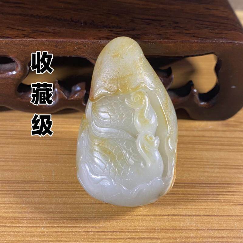 原籽精雕新疆和田白玉籽料吊坠和和美美手工苏工荷叶鸳鸯男女款