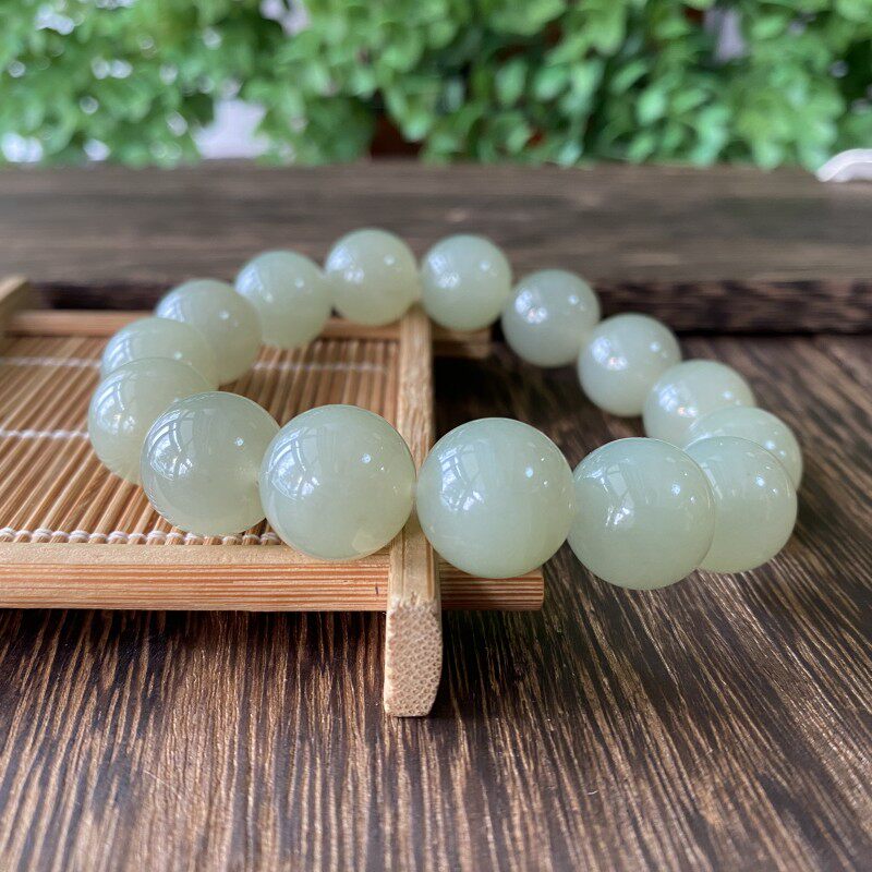 天然正品新疆和田青白玉籽料圆珠14毫米手链男款单圈佛珠手串手饰