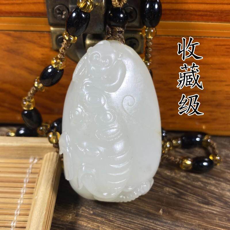 【收藏级】新疆和田白玉籽料苏工吊坠封侯拜相男款挂件猴子大象
