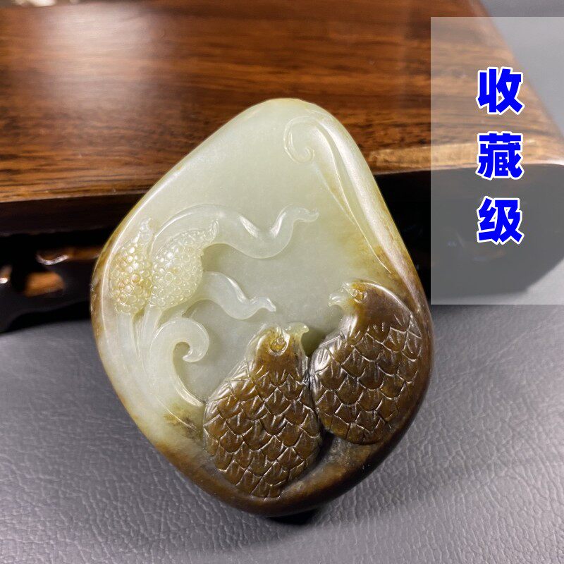 收藏级天然正品新疆和田青白玉黑皮籽料巧雕苏工鹌鹑麦穗男款吊坠