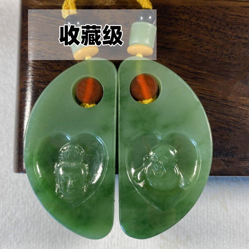 收藏级一对老坑精品菠菜绿和田碧玉苏工笑佛观音吊坠男女情侣挂件