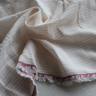 纯棉布料双层棉纱色织粉白条纹布头略挺括手工服装面料140*150cm