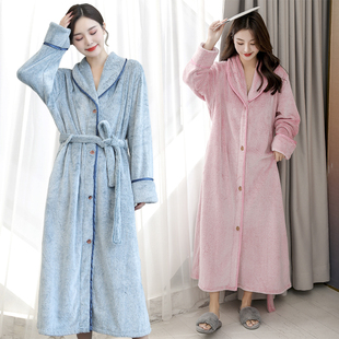 情侣睡袍冬加绒加厚纽扣睡衣女加长款浴袍男士加肥加大码宽松睡衣