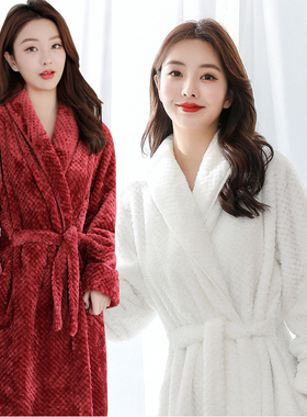 白色睡袍女冬法兰绒加厚加长款至脚踝浴袍男大码睡衣可外穿家居服