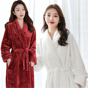 白色睡袍女冬法兰绒加厚长款至脚踝浴衣酒店浴袍宾馆用睡衣可外穿