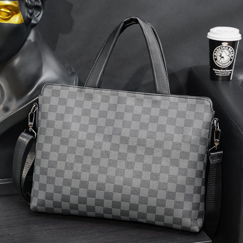 时尚男包格子手提包 商务休闲男士单肩包横款电脑公文包文件包