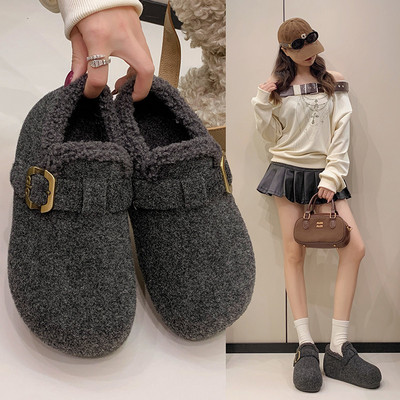 灰色全包勃肯鞋女厚底内增高2025冬季新款一脚蹬加绒单鞋豆豆棉鞋