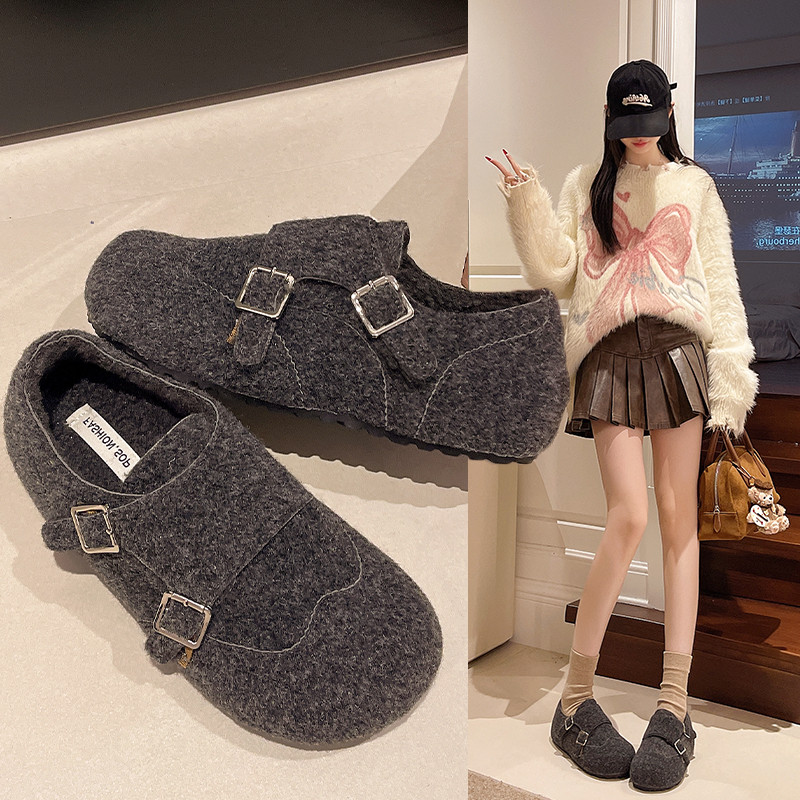 灰色博肯鞋女毛呢秋冬新款厚底搭扣休闲乐福鞋内增高加绒穆勒棉鞋