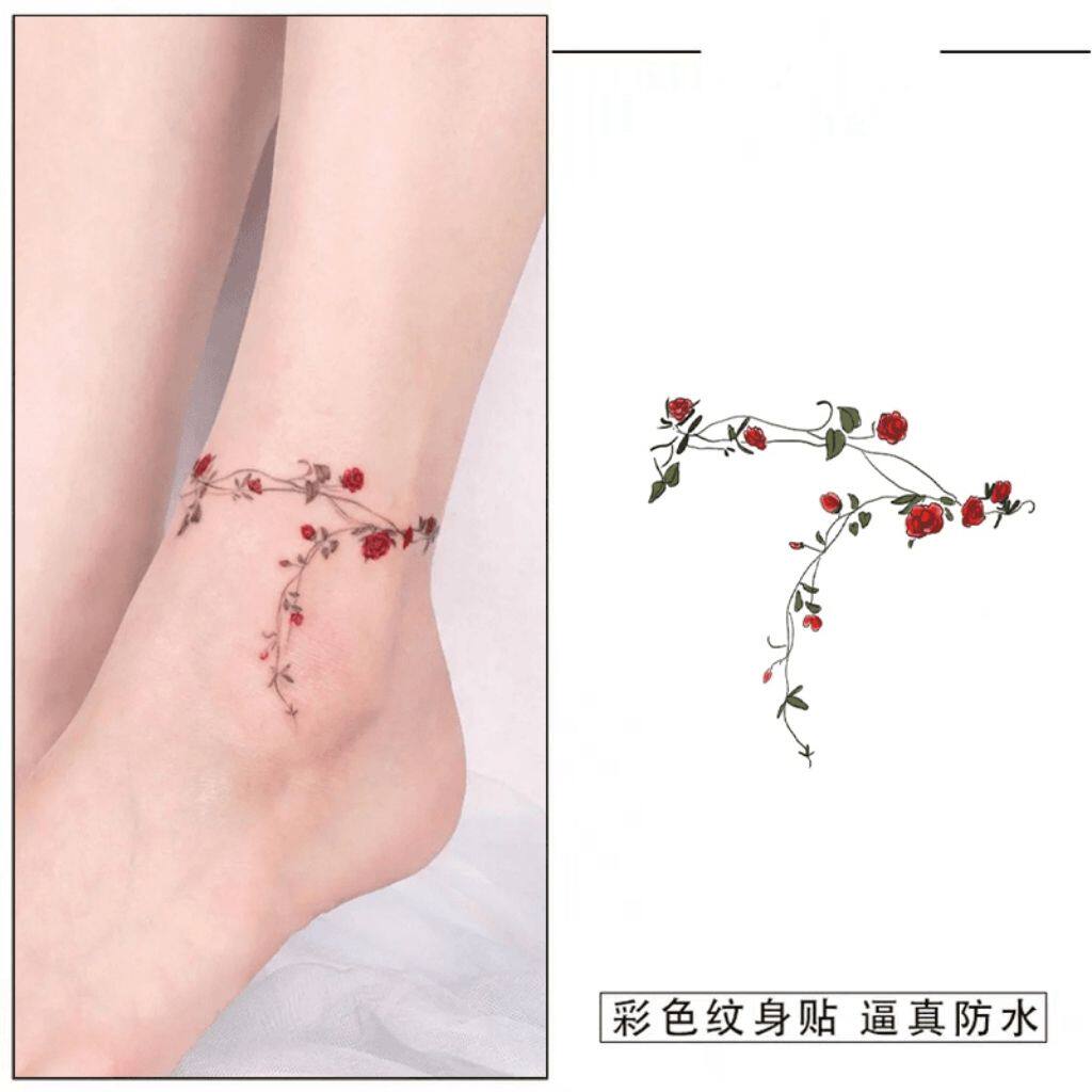 可水洗高颜值唯美蔷薇花纹身贴脚踝防水纯欲风半永久逼真不反光女