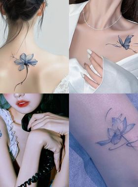 蓝色花朵彩色纹身贴ins风高级清新辣妹纯欲风手臂背部可用女款图