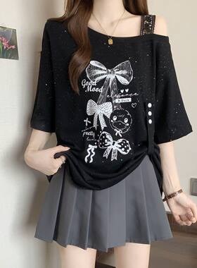 胖MM夏季新款露肩蕾丝时尚宽松百搭上衣少女细闪印花短袖黑色T恤