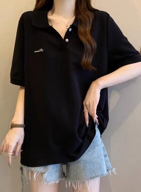大码女装遮肚子宽松POLO领正肩打底衫夏季胖妹妹时尚遮肉短袖上衣