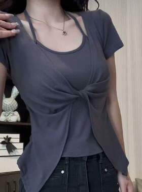 挂脖假两件短袖T恤女时尚夏季新款设计感小众百搭辣妹纯色上衣ins