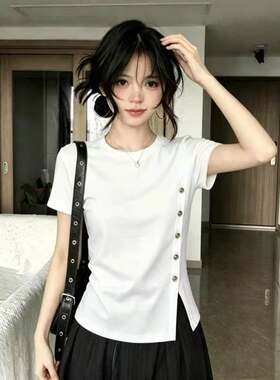 大码胖mm韩系侧扣开叉短袖T恤女夏季新款修身时尚小众气质上衣潮
