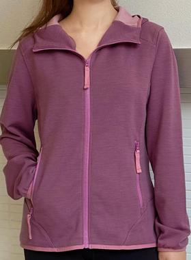 KROCEUS地球科学家 女式美利奴羊毛外套 跑步连帽衣拉链抓绒开衫