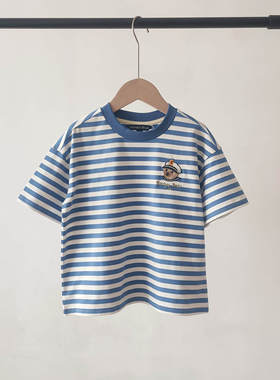 TTRA242413B-00 2024夏款小熊新款男童纯棉圆领蓝色条纹短袖T恤衫
