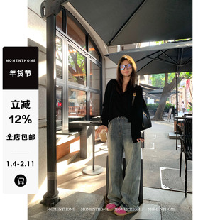 MOMENTHOME怎么搭都OK*美式高街复古撕破洗水做旧牛仔裤女秋冬